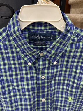 Large Custom fit Ralph Lauren Men's Blue & Green Plaid Button-Down Shirt